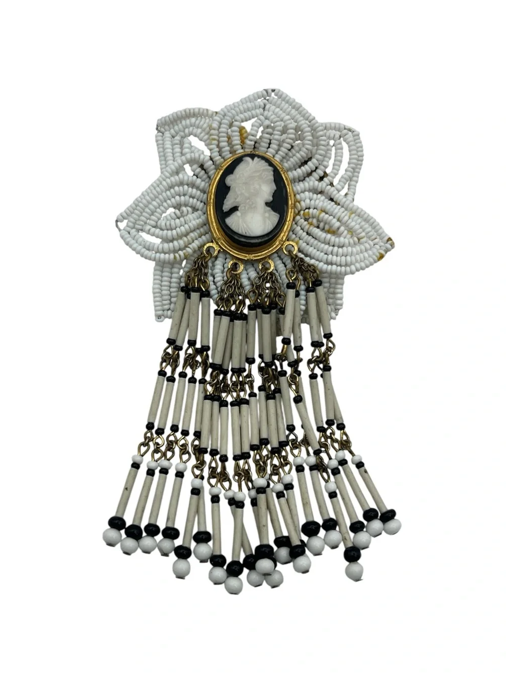 Cameo seed beed tassel oversized brooch pin white gold black vintage